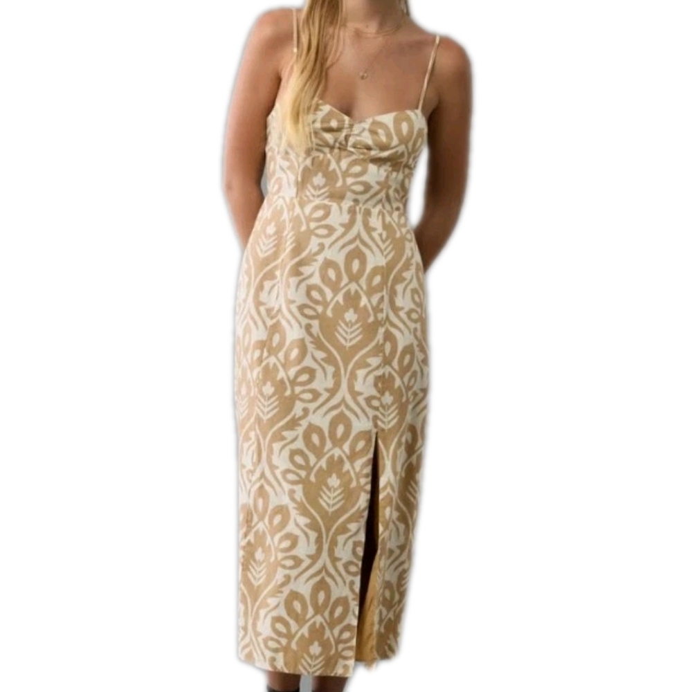 American Eagle Outfitters Cream and Tan Patterned Midi Dress